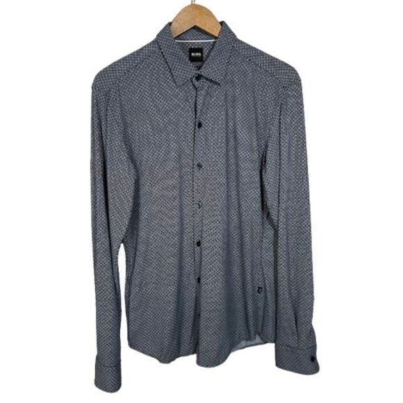 Hugo Boss Robbie Sharp Fit Button Down Long Sleeve Shirt M Navy Blue Stretch - Picture 1 of 7